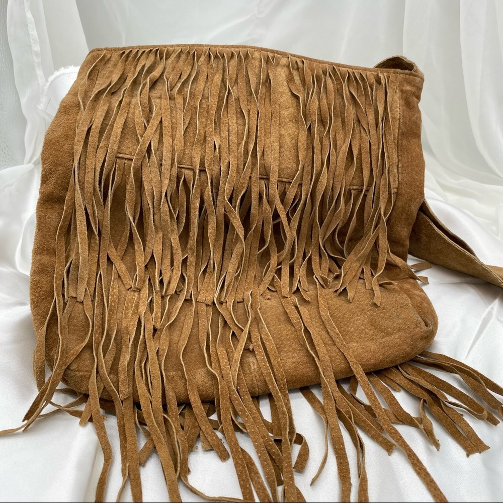 Unbranded Suede Fringed Purse Vintage Boho Hippie 10x12 Crossbody 22 inch Strap